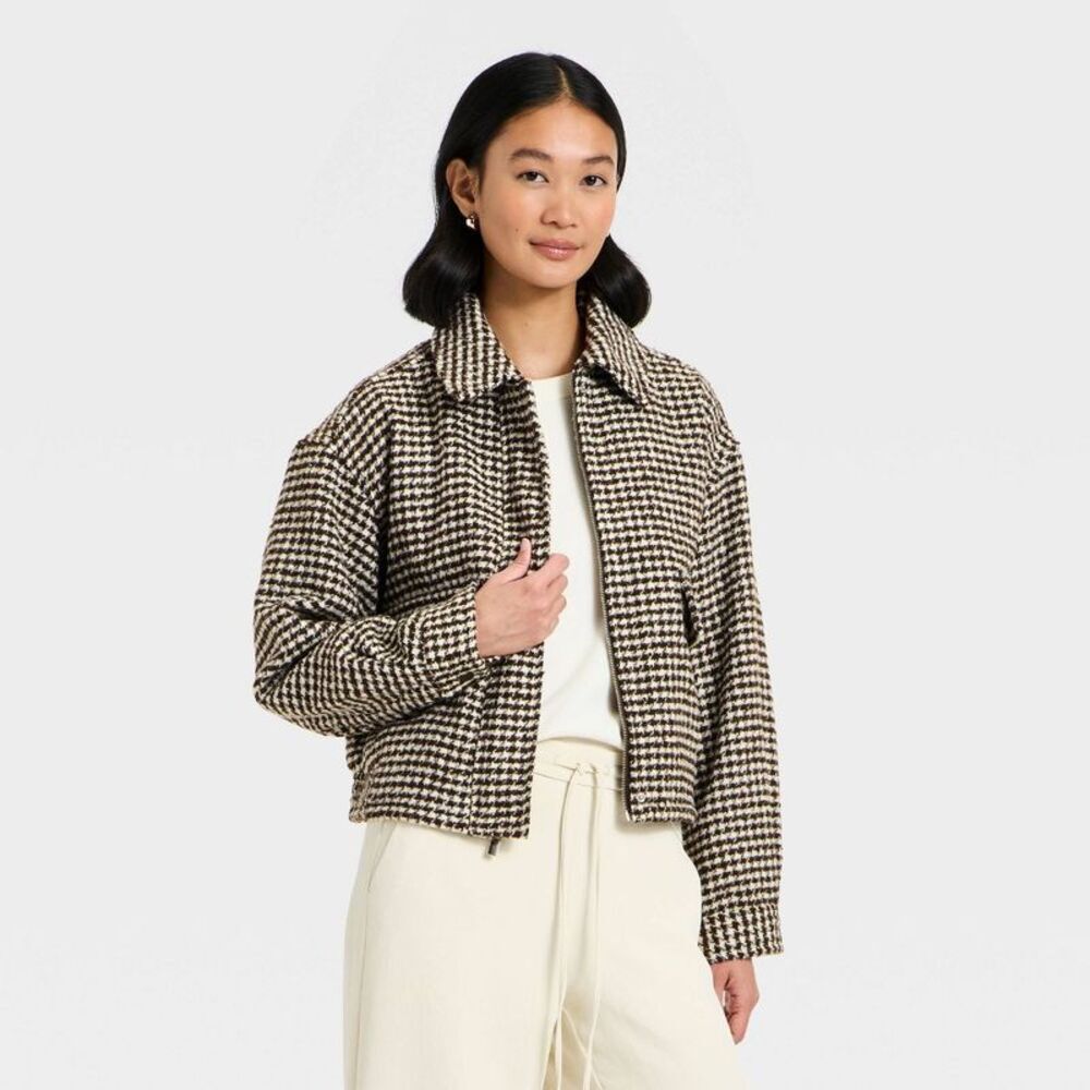 Women's Textured Houndstooth Jacket - A New Day Brown XS